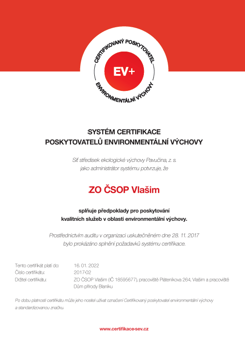 certifikát ekocentra Jsme certifikovaným střediskem environmentální výchovy